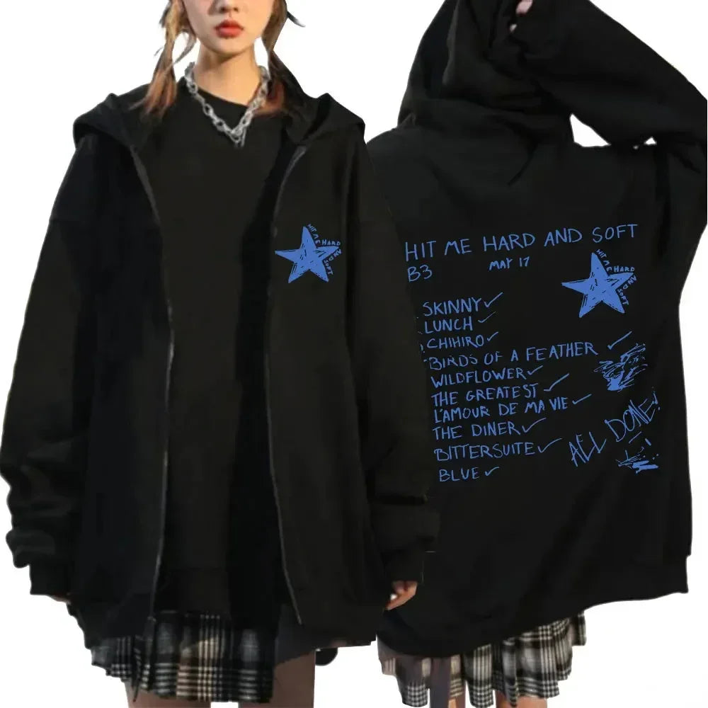 Hit Me Hard and Soft 2024 Tour Zip Up Hoodie – Chaqueta Unisex Oversize con Cierre y Forro Polar Streetwear
