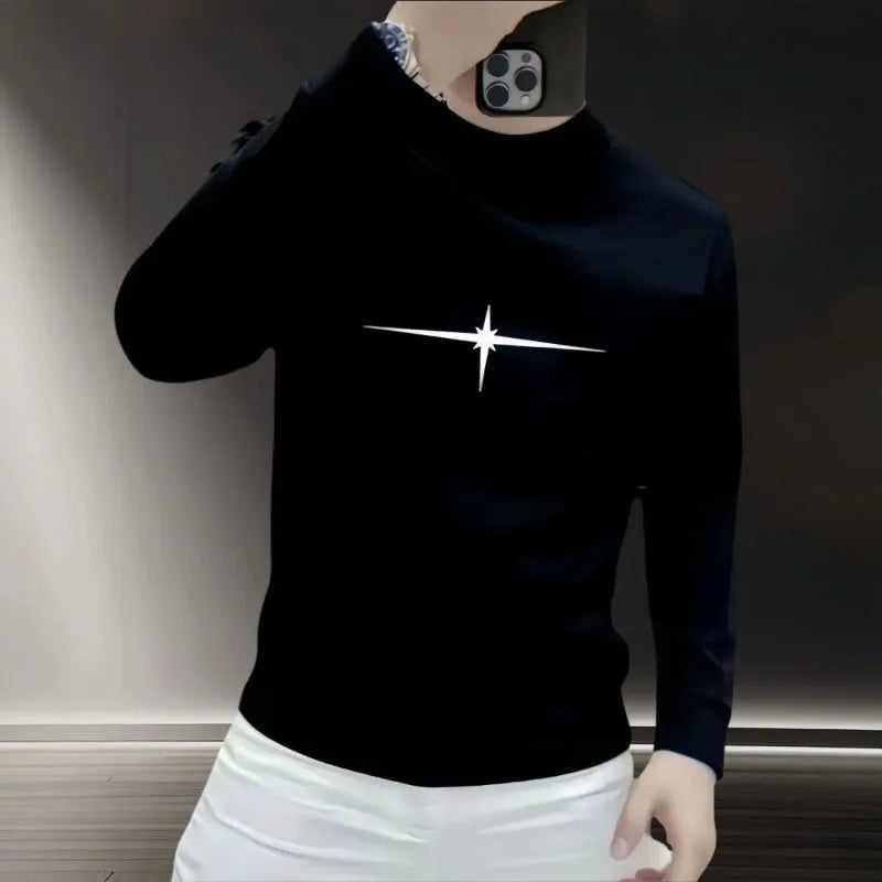 Men's Crew Neck Long-Sleeve Sweatshirt with Black Star Y2K Hoodies