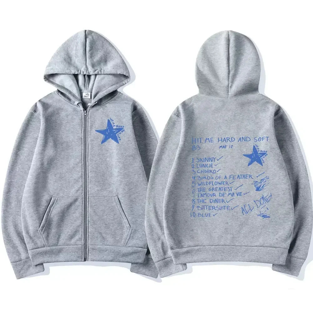 Hit Me Hard and Soft 2024 Tour Zip Up Hoodie – Chaqueta Unisex Oversize con Cierre y Forro Polar Streetwear